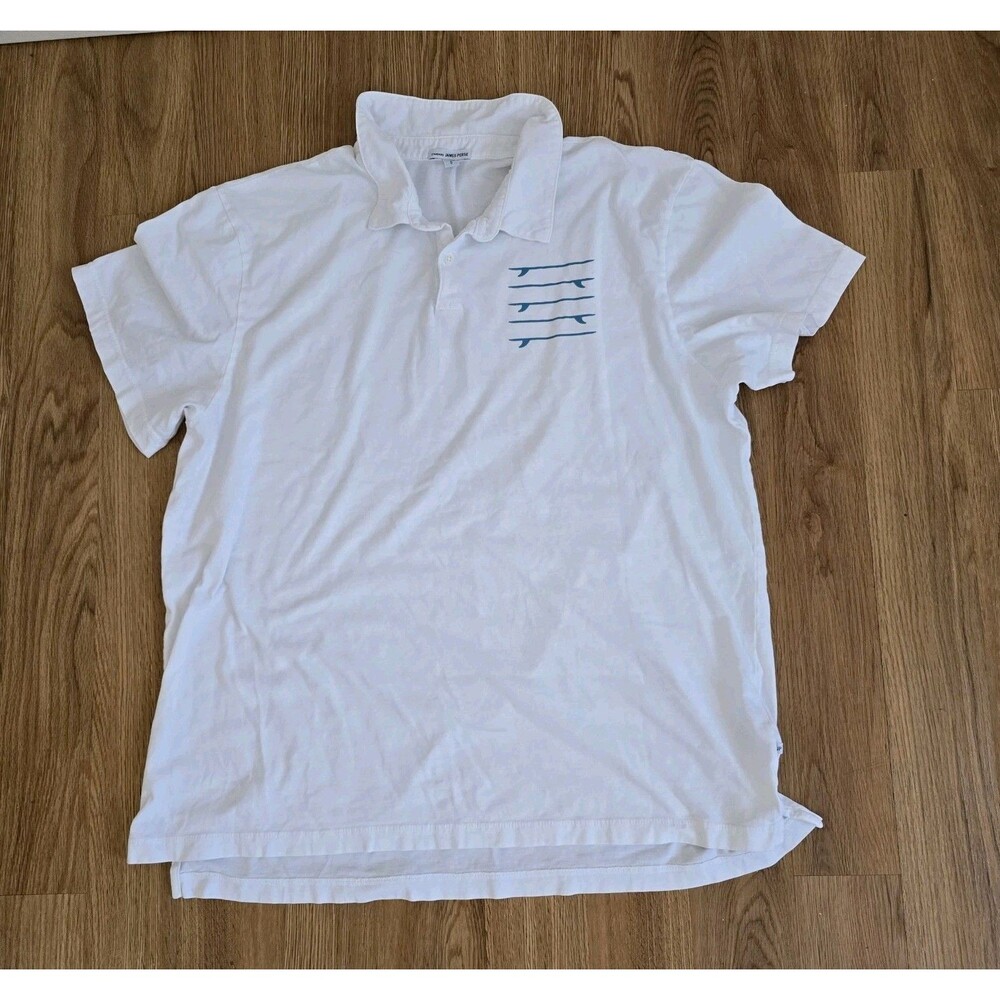 James Perse Polo Shirt Mens 5 XXL White Short Sleeve Surf Board Graphic City